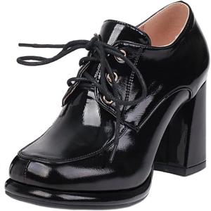 imageSHEMEE Womens Lace Up Patent Leather Chunky Platform Pumps Round Toe Block High Heels Dress ShoesBlack