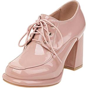 imageSHEMEE Womens Lace Up Patent Leather Chunky Platform Pumps Round Toe Block High Heels Dress ShoesPink