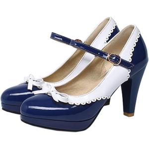 imageSHEMEE Womens Patent Leather Chunky High Heel Platform Mary Jane Pumps Ankle Strap Buckle Round Toe Cute Bow Kawaii Cosplay ShoesNavy Blue