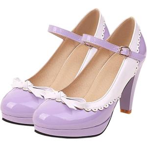 imageSHEMEE Womens Patent Leather Chunky High Heel Platform Mary Jane Pumps Ankle Strap Buckle Round Toe Cute Bow Kawaii Cosplay ShoesPurple