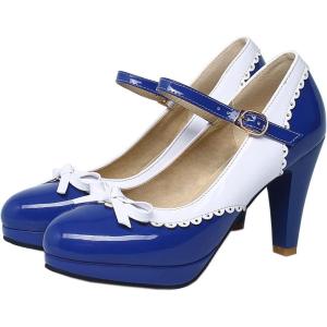 imageSHEMEE Womens Patent Leather Chunky High Heel Platform Mary Jane Pumps Ankle Strap Buckle Round Toe Cute Bow Kawaii Cosplay ShoesRoyal Blue