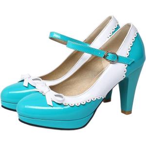 imageSHEMEE Womens Patent Leather Chunky High Heel Platform Mary Jane Pumps Ankle Strap Buckle Round Toe Cute Bow Kawaii Cosplay ShoesTeal