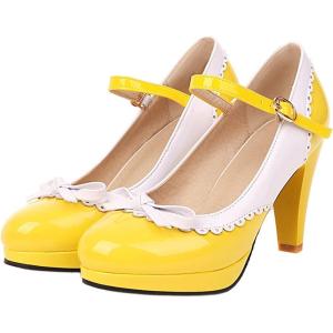 imageSHEMEE Womens Patent Leather Chunky High Heel Platform Mary Jane Pumps Ankle Strap Buckle Round Toe Cute Bow Kawaii Cosplay ShoesYellow