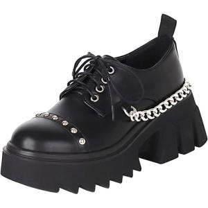imageSHEMEE Womens Patent Leather Gothic Shoes Punk Platform Chunky Heeled Round Toe Lace Up Block High Heels Dress Pumps with Metal ChainBlack Pu
