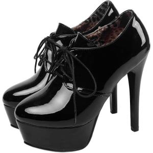 imageSHEMEE Womens Patent Leather Stiletto Heel Platform Ankle Booties Lace Up Pumps Shoes Thin High Heeled Short BootsBlack