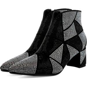 imageSHEMEE Sparkly Rhinestone V Cut Booties for Women Chunky Block Heels Ankle Boots Shine Glitter Wedding Bride Party Short BootsBlack2