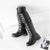 imageSHEMEE Womens Flat Combat Boot Buckle Riding Knee High Boots Lace Up Chunky Low Heels Gothic Motorcycle Boots with Inside ZipperBlack