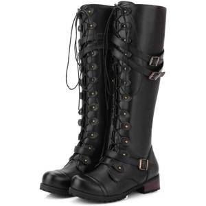imageSHEMEE Womens Flat Combat Boot Buckle Riding Knee High Boots Lace Up Chunky Low Heels Gothic Motorcycle Boots with Inside ZipperBlack