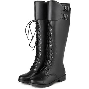 imageSHEMEE Womens Flat Combat Boot Buckle Riding Knee High Boots Lace Up Chunky Low Heels Gothic Motorcycle Boots with Inside ZipperBlack S01