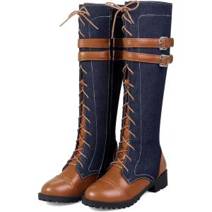 imageSHEMEE Womens Flat Combat Boot Buckle Riding Knee High Boots Lace Up Chunky Low Heels Gothic Motorcycle Boots with Inside ZipperBrown Patchwork Denim