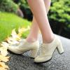 imageSHEMEE Retro Wingtip Oxfords for Women Chunky Block Heels Brogues Saddle Shoes Round Toe Lace Up Pumps Thick High Heeled Ankle BootiesBeige