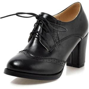imageSHEMEE Retro Wingtip Oxfords for Women Chunky Block Heels Brogues Saddle Shoes Round Toe Lace Up Pumps Thick High Heeled Ankle BootiesBlack