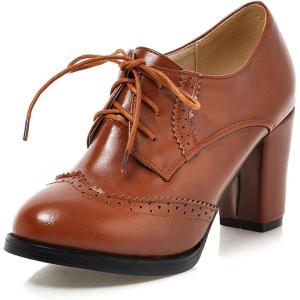 imageSHEMEE Retro Wingtip Oxfords for Women Chunky Block Heels Brogues Saddle Shoes Round Toe Lace Up Pumps Thick High Heeled Ankle BootiesBrown