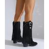 imageSHEMEE Fringe Cowboy Boots for Women Mid Calf Stacked Chunky Heels Western Cowgirl Boots Fashion Studded Buckled Accents Almond Pointy Toe Zipper Tall Boots Country Music Festival Dress ShoesBlack