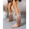 imageSHEMEE Fringe Cowboy Boots for Women Mid Calf Stacked Chunky Heels Western Cowgirl Boots Fashion Studded Buckled Accents Almond Pointy Toe Zipper Tall Boots Country Music Festival Dress ShoesApricot
