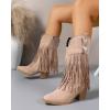 imageSHEMEE Fringe Cowboy Boots for Women Mid Calf Stacked Chunky Heels Western Cowgirl Boots Fashion Studded Buckled Accents Almond Pointy Toe Zipper Tall Boots Country Music Festival Dress ShoesApricot