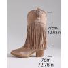 imageSHEMEE Fringe Cowboy Boots for Women Mid Calf Stacked Chunky Heels Western Cowgirl Boots Fashion Studded Buckled Accents Almond Pointy Toe Zipper Tall Boots Country Music Festival Dress ShoesApricot