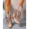 imageSHEMEE Fringe Cowboy Boots for Women Mid Calf Stacked Chunky Heels Western Cowgirl Boots Fashion Studded Buckled Accents Almond Pointy Toe Zipper Tall Boots Country Music Festival Dress ShoesApricot
