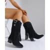 imageSHEMEE Fringe Cowboy Boots for Women Mid Calf Stacked Chunky Heels Western Cowgirl Boots Fashion Studded Buckled Accents Almond Pointy Toe Zipper Tall Boots Country Music Festival Dress ShoesBlack