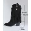 imageSHEMEE Fringe Cowboy Boots for Women Mid Calf Stacked Chunky Heels Western Cowgirl Boots Fashion Studded Buckled Accents Almond Pointy Toe Zipper Tall Boots Country Music Festival Dress ShoesBlack
