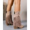 imageSHEMEE Fringe Cowboy Boots for Women Mid Calf Stacked Chunky Heels Western Cowgirl Boots Fashion Studded Buckled Accents Almond Pointy Toe Zipper Tall Boots Country Music Festival Dress ShoesApricot