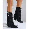 imageSHEMEE Fringe Cowboy Boots for Women Mid Calf Stacked Chunky Heels Western Cowgirl Boots Fashion Studded Buckled Accents Almond Pointy Toe Zipper Tall Boots Country Music Festival Dress ShoesBlack