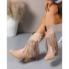 imageSHEMEE Fringe Cowboy Boots for Women Mid Calf Stacked Chunky Heels Western Cowgirl Boots Fashion Studded Buckled Accents Almond Pointy Toe Zipper Tall Boots Country Music Festival Dress ShoesApricot