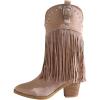 imageSHEMEE Fringe Cowboy Boots for Women Mid Calf Stacked Chunky Heels Western Cowgirl Boots Fashion Studded Buckled Accents Almond Pointy Toe Zipper Tall Boots Country Music Festival Dress ShoesApricot