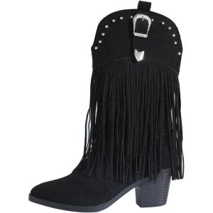 imageSHEMEE Fringe Cowboy Boots for Women Mid Calf Stacked Chunky Heels Western Cowgirl Boots Fashion Studded Buckled Accents Almond Pointy Toe Zipper Tall Boots Country Music Festival Dress ShoesBlack