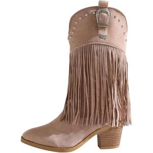 imageSHEMEE Fringe Cowboy Boots for Women Mid Calf Stacked Chunky Heels Western Cowgirl Boots Fashion Studded Buckled Accents Almond Pointy Toe Zipper Tall Boots Country Music Festival Dress ShoesApricot