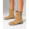 imageSHEMEE Faux Suede Mid Calf Boots for Women Chunky Low Heels Fashion Buckles Riding Booties Block Heel Matte Leather Fall Winter Shoes Pull OnApricot
