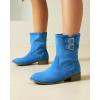 imageSHEMEE Faux Suede Mid Calf Boots for Women Chunky Low Heels Fashion Buckles Riding Booties Block Heel Matte Leather Fall Winter Shoes Pull OnBlue