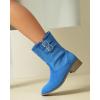 imageSHEMEE Faux Suede Mid Calf Boots for Women Chunky Low Heels Fashion Buckles Riding Booties Block Heel Matte Leather Fall Winter Shoes Pull OnBlue