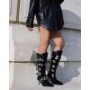 imageSHEMEE Womens High Heels Knee High Boots Fashion Multi Buckles Y2K Street Punk Boots Pointy Toe Kitten Heeled Tall Boot Gothic Rave Club Shoes for LadiesBlack