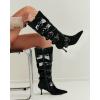imageSHEMEE Womens High Heels Knee High Boots Fashion Multi Buckles Y2K Street Punk Boots Pointy Toe Kitten Heeled Tall Boot Gothic Rave Club Shoes for LadiesBlack