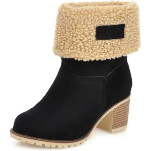 imageSHEMEE Cute Snow Boots for Women Chunky Heels Fold Over Ankle Boot Winter Warm Fur Block Heeled Mid Calf BootsBlack