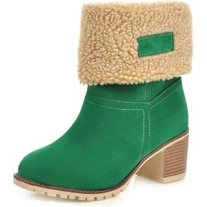 imageSHEMEE Cute Snow Boots for Women Chunky Heels Fold Over Ankle Boot Winter Warm Fur Block Heeled Mid Calf BootsGreen
