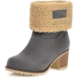 imageSHEMEE Cute Snow Boots for Women Chunky Heels Fold Over Ankle Boot Winter Warm Fur Block Heeled Mid Calf BootsGrey