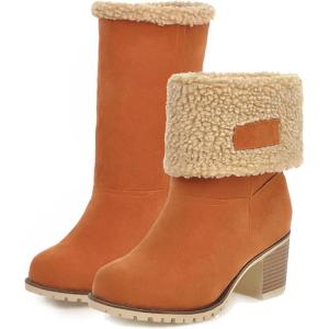 imageSHEMEE Cute Snow Boots for Women Chunky Heels Fold Over Ankle Boot Winter Warm Fur Block Heeled Mid Calf BootsOrange