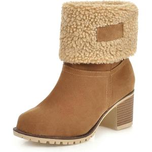 imageSHEMEE Cute Snow Boots for Women Chunky Heels Fold Over Ankle Boot Winter Warm Fur Block Heeled Mid Calf BootsYellow
