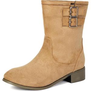 imageSHEMEE Faux Suede Mid Calf Boots for Women Chunky Low Heels Fashion Buckles Riding Booties Block Heel Matte Leather Fall Winter Shoes Pull OnApricot