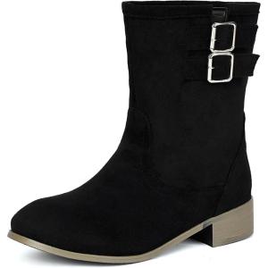 imageSHEMEE Faux Suede Mid Calf Boots for Women Chunky Low Heels Fashion Buckles Riding Booties Block Heel Matte Leather Fall Winter Shoes Pull OnBlack