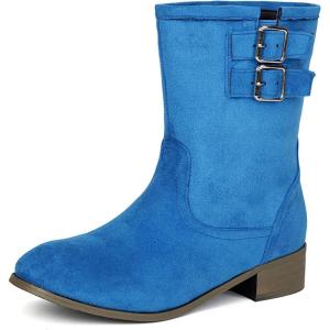 imageSHEMEE Faux Suede Mid Calf Boots for Women Chunky Low Heels Fashion Buckles Riding Booties Block Heel Matte Leather Fall Winter Shoes Pull OnBlue