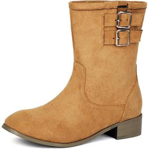 imageSHEMEE Faux Suede Mid Calf Boots for Women Chunky Low Heels Fashion Buckles Riding Booties Block Heel Matte Leather Fall Winter Shoes Pull OnBrown