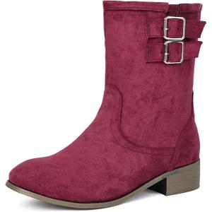 imageSHEMEE Faux Suede Mid Calf Boots for Women Chunky Low Heels Fashion Buckles Riding Booties Block Heel Matte Leather Fall Winter Shoes Pull OnBurgundy
