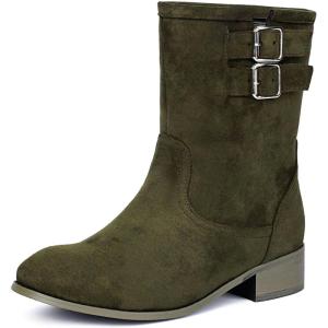imageSHEMEE Faux Suede Mid Calf Boots for Women Chunky Low Heels Fashion Buckles Riding Booties Block Heel Matte Leather Fall Winter Shoes Pull OnDark Green