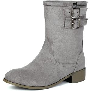 imageSHEMEE Faux Suede Mid Calf Boots for Women Chunky Low Heels Fashion Buckles Riding Booties Block Heel Matte Leather Fall Winter Shoes Pull OnGrey