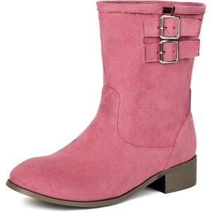 imageSHEMEE Faux Suede Mid Calf Boots for Women Chunky Low Heels Fashion Buckles Riding Booties Block Heel Matte Leather Fall Winter Shoes Pull OnPink