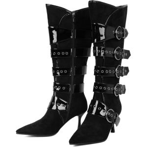 imageSHEMEE Womens High Heels Knee High Boots Fashion Multi Buckles Y2K Street Punk Boots Pointy Toe Kitten Heeled Tall Boot Gothic Rave Club Shoes for LadiesBlack