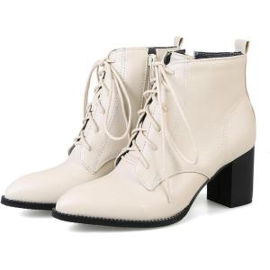 imageSHEMEE Womens Wingtip Block Heels Ankle Boots LaceUp Stacked Chunky Heel Booties Round Toe Short BootsBeige With Zip